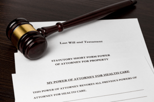 Power of attorney documents spread on desk