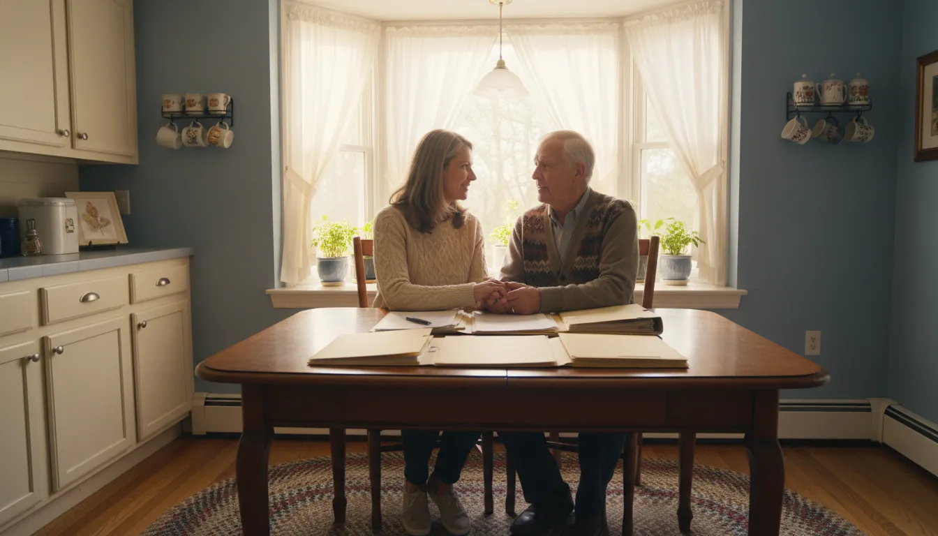 Adult child discussing guardianship vs conservatorship Massachusetts planning with an aging parent