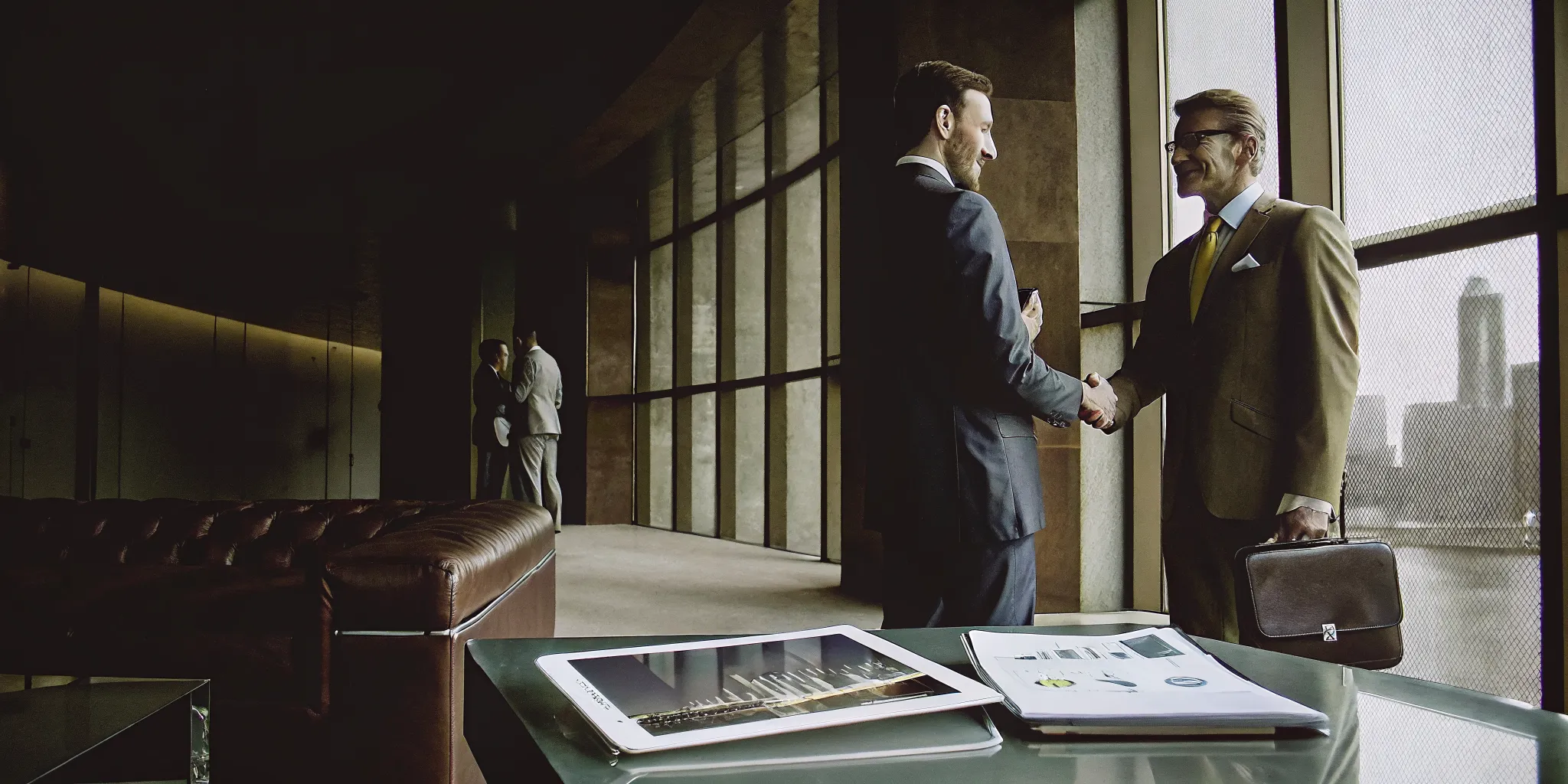 Client and estate planning attorney shaking hands in a modern MA office.