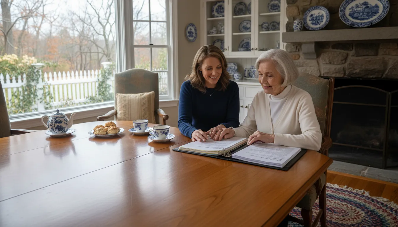 Adult child reviewing estate planning documents with an aging parent in Massachusetts