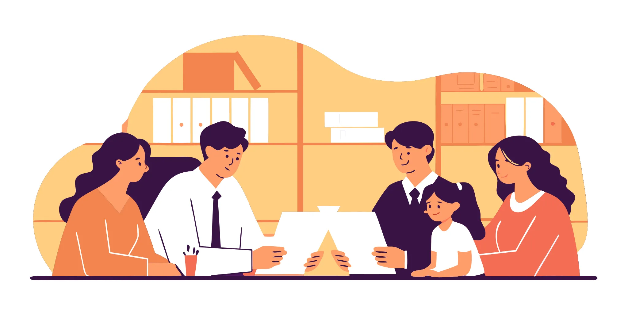 Attorneys reviewing trust documents with a family at a conference table in a Massachusetts law office