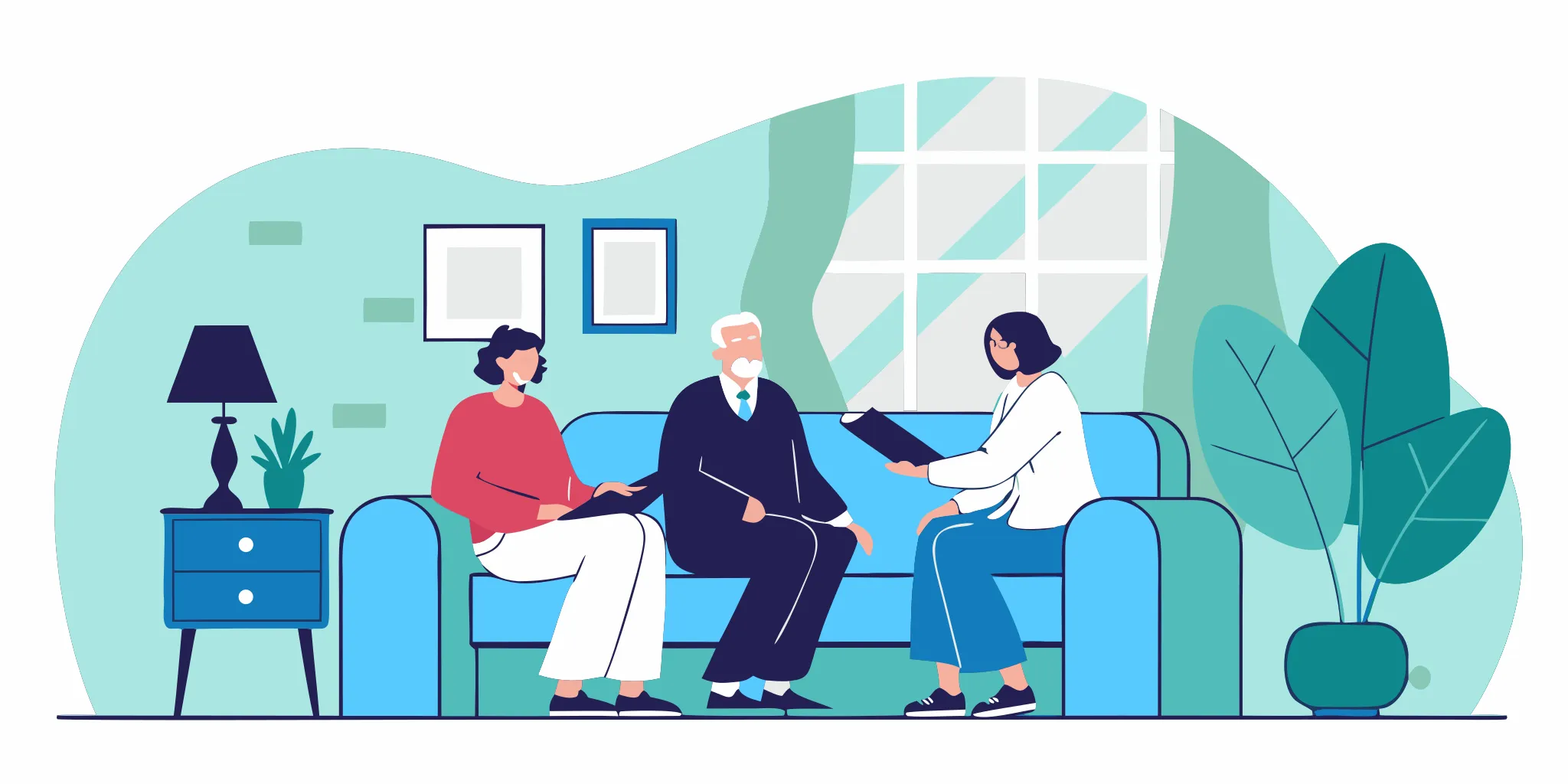 An elderly veteran with a warm family and elder law professional in a cozy consultation room