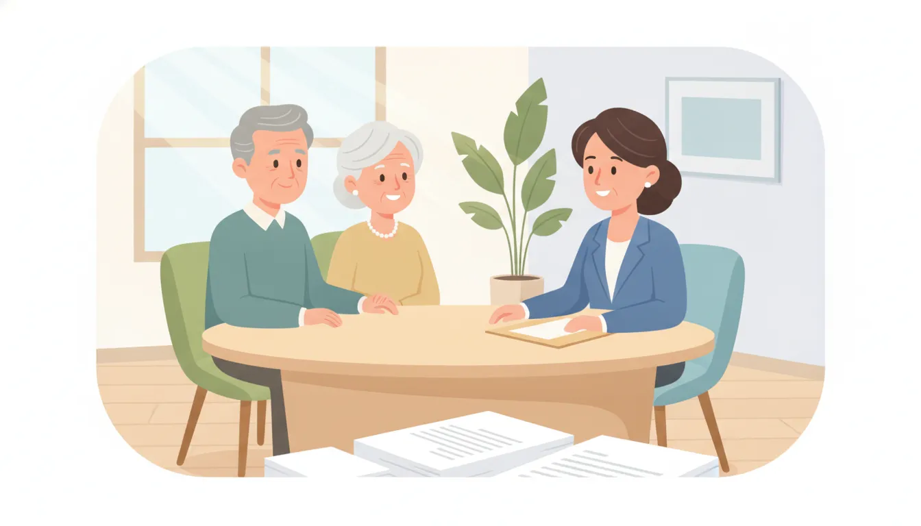 Attorney discussing estate planning documents with an older couple in Massachusetts