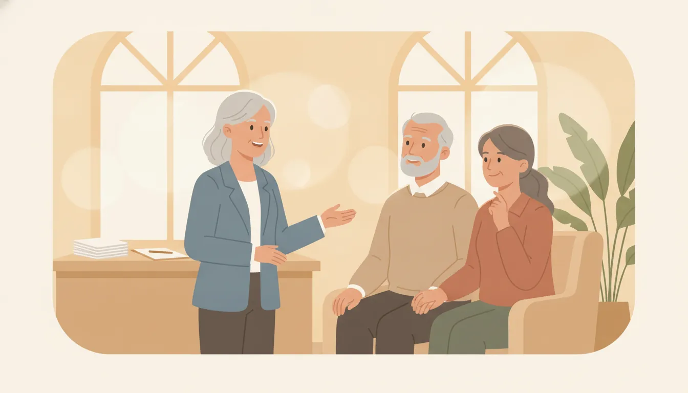 Elder law attorney meeting with an older couple and their adult daughter in a Massachusetts law office to discuss gifting and long-term care planning