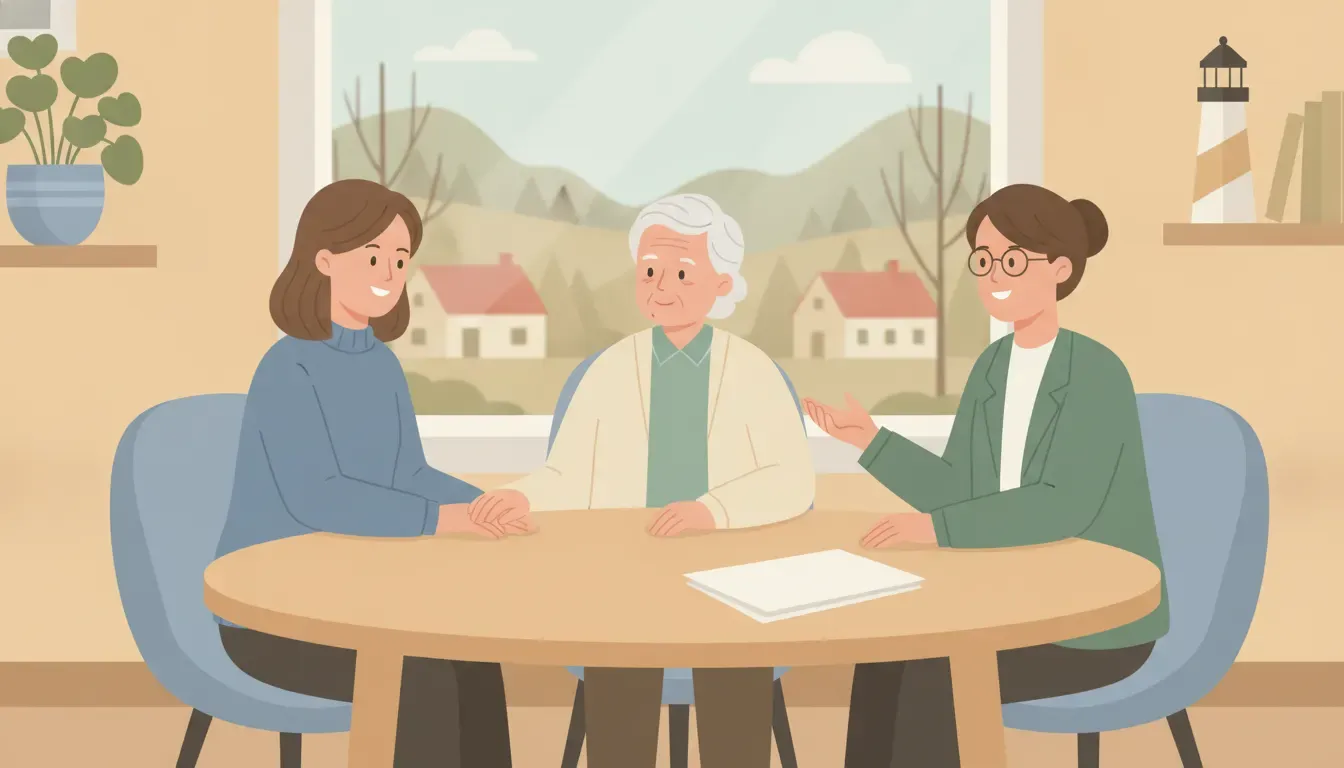 Medicaid planning attorney speaking with a parent and adult child about long-term care in the Pioneer Valley