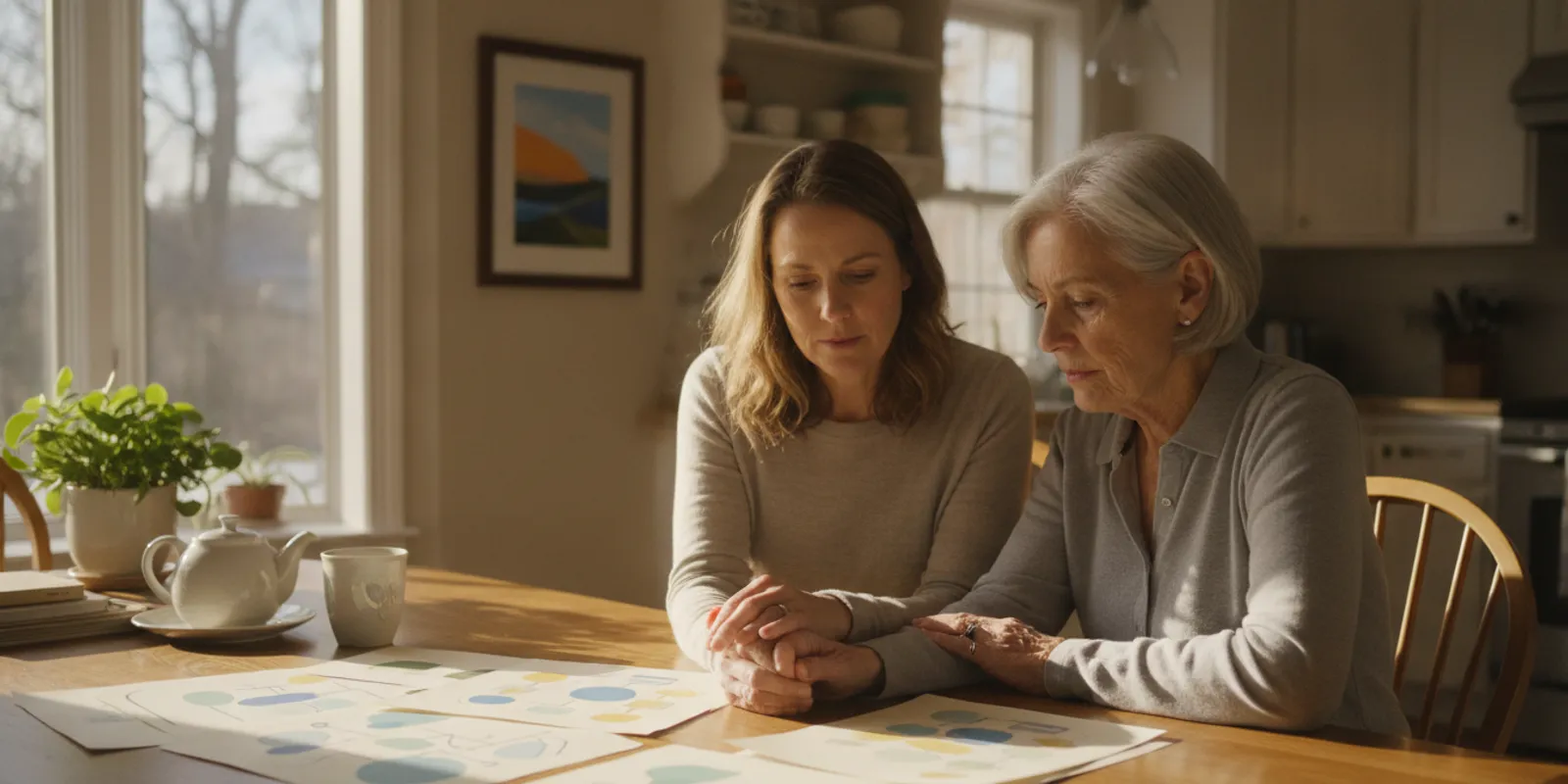 Adult daughter and parent discussing health care planning documents at a kitchen table