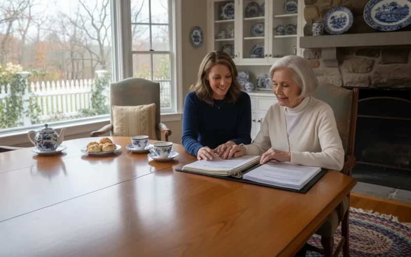 Adult child reviewing estate planning documents with an aging parent in Massachusetts